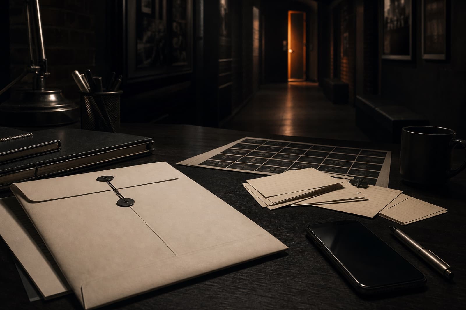 A screenplay package and pitch cards facing a lit production office door