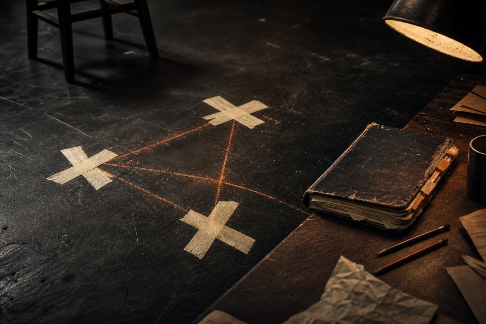 Actor marks and a character notebook on a rehearsal floor