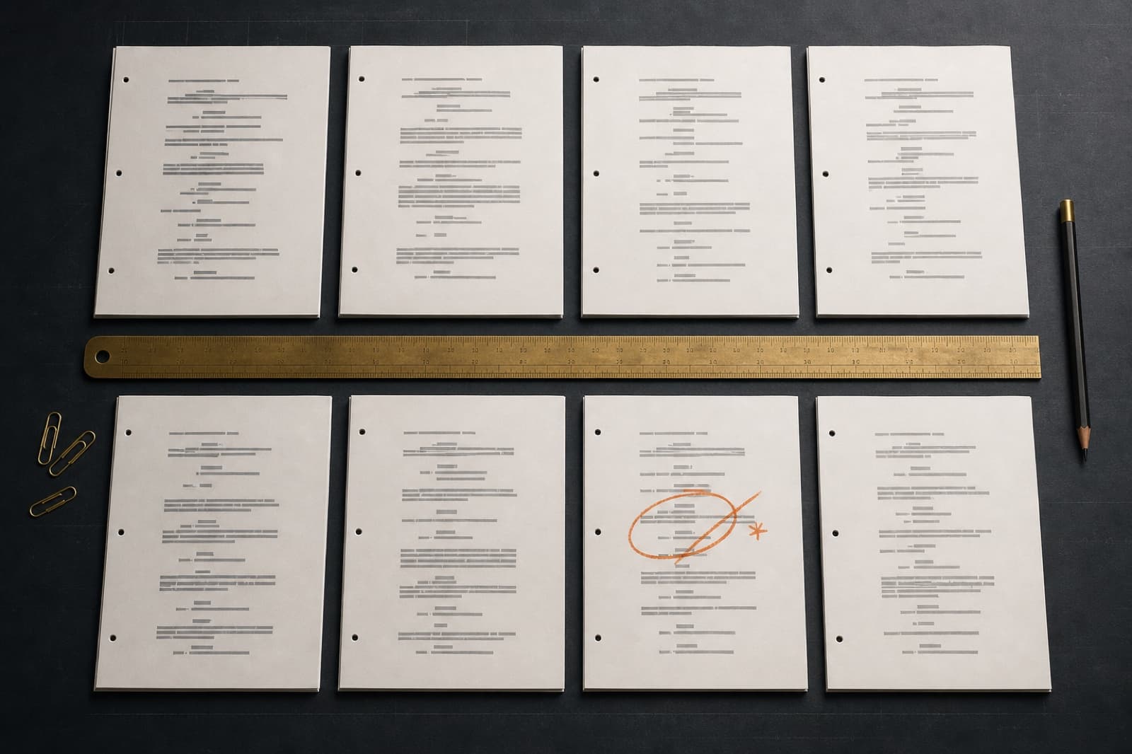Precisely arranged screenplay pages with a ruler and orange revision mark