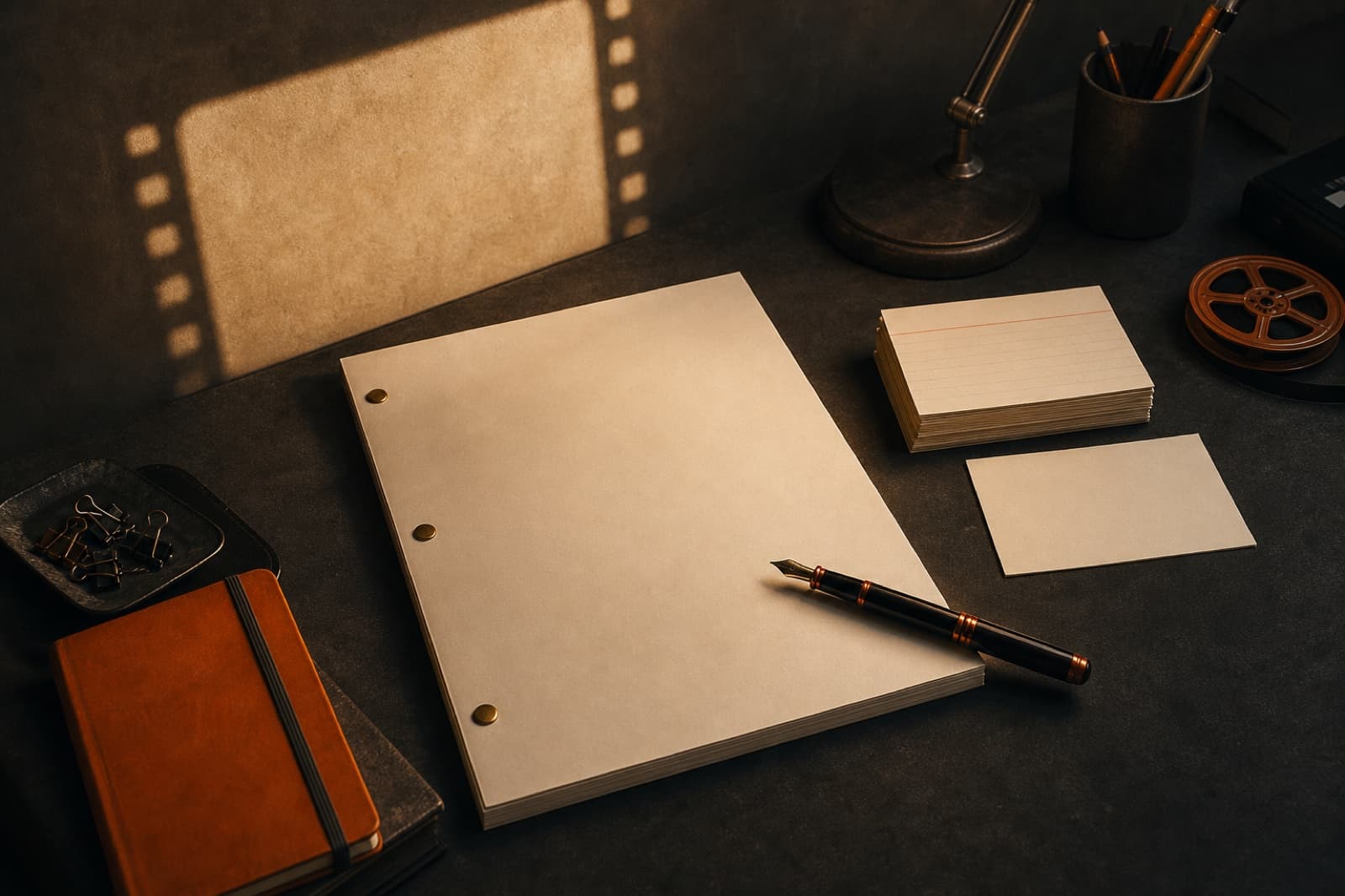 A blank screenplay and index cards on a warmly lit writer's desk