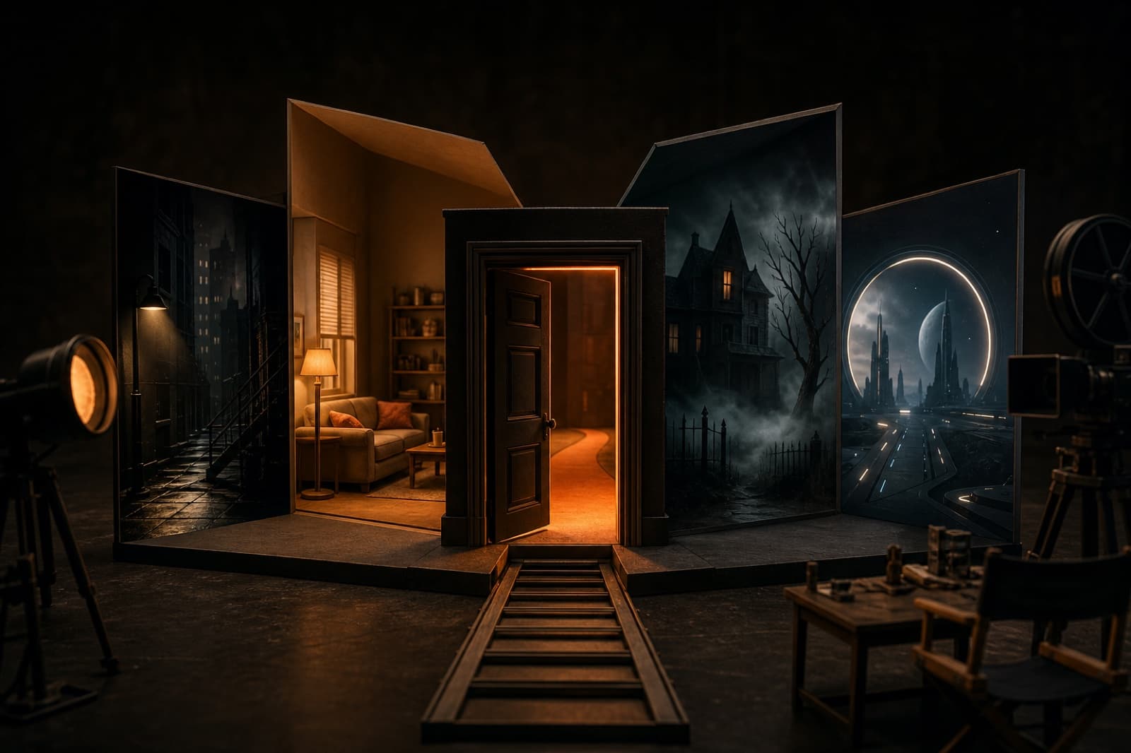 A miniature film set opening into several cinematic genre worlds
