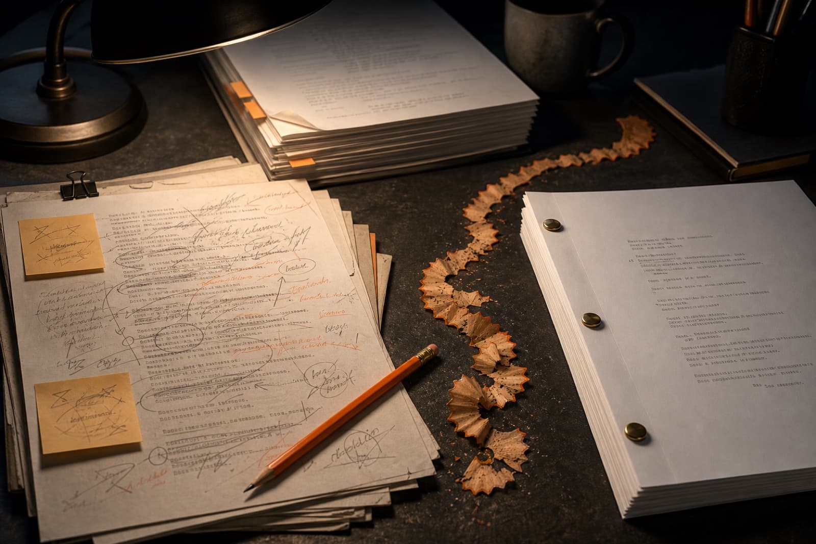 A heavily revised screenplay beside a clean new draft