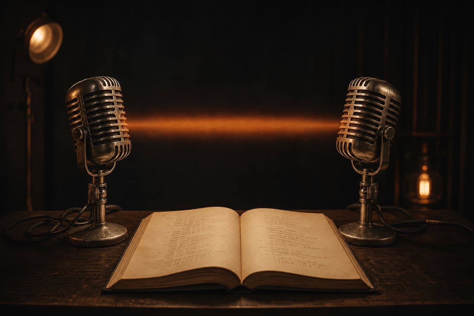 Two microphones facing each other across an open screenplay