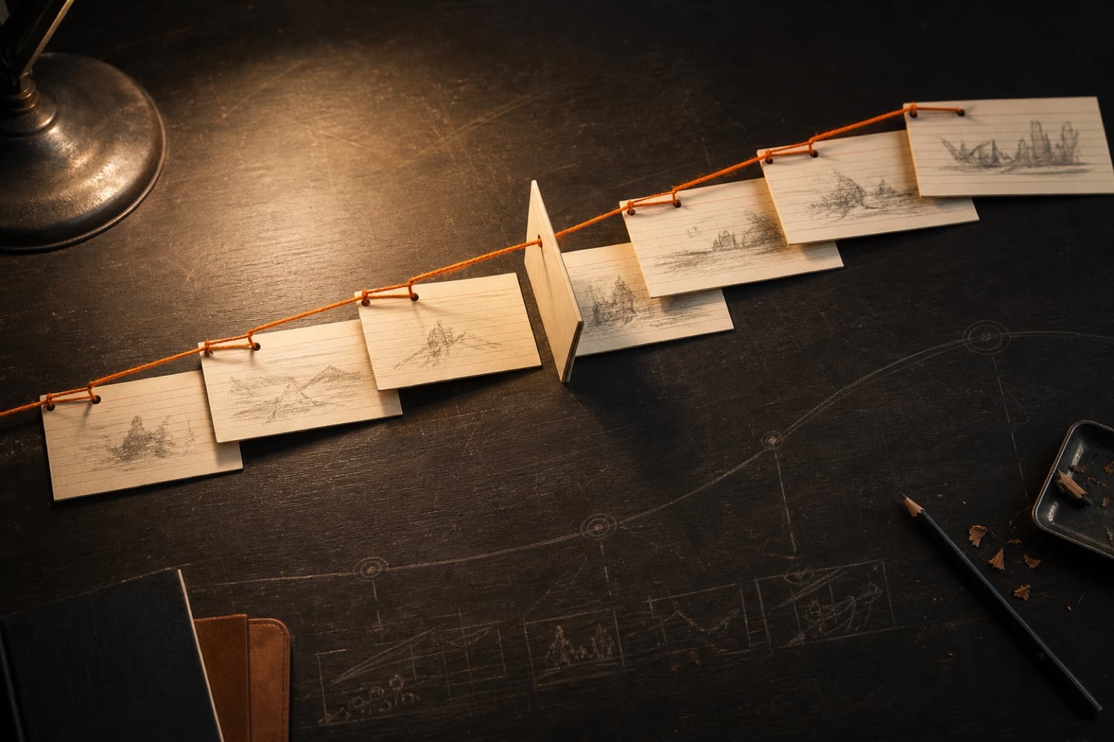 Story cards connected by orange thread across a dark drafting table