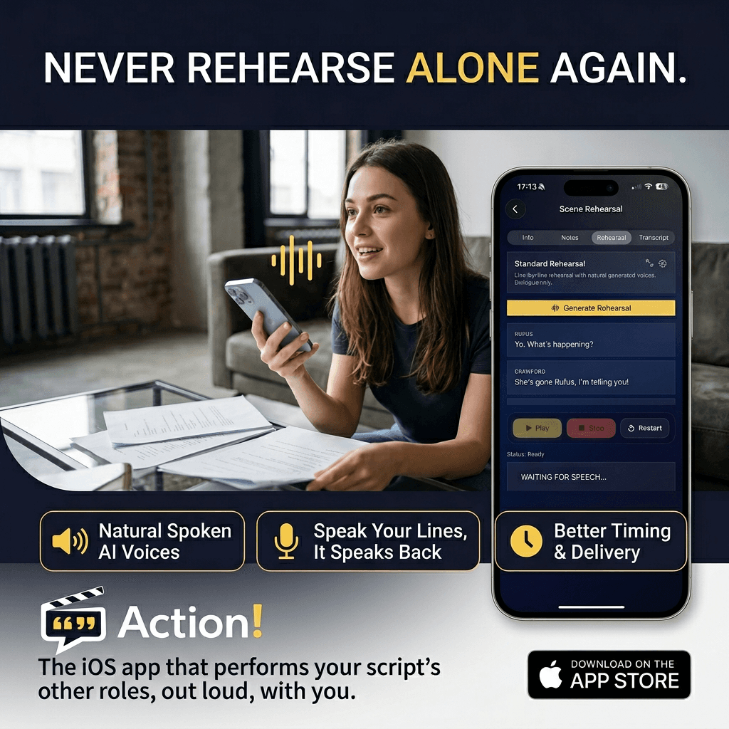 Action advert showing an actor rehearsing with the app and the line Never rehearse alone again