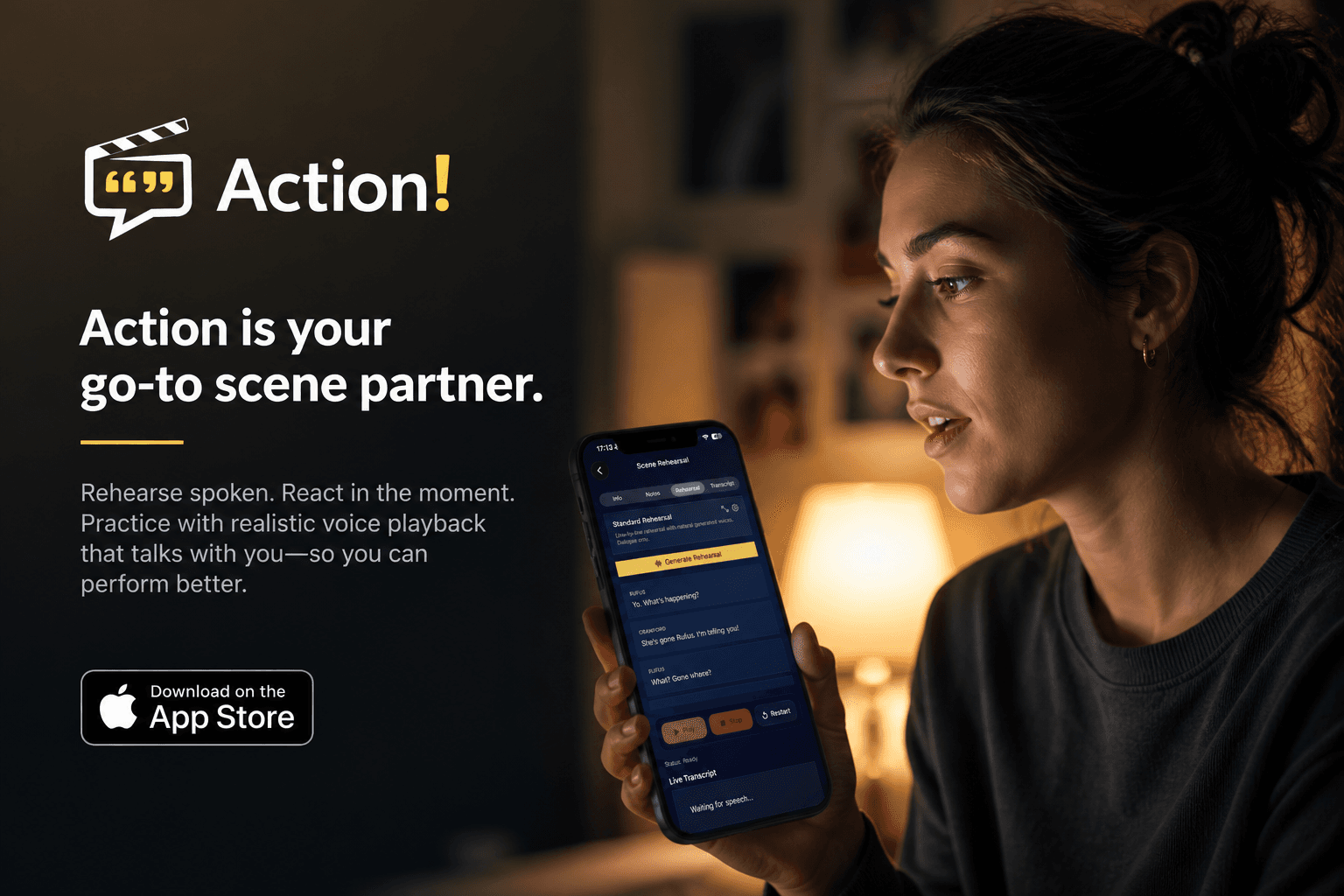 Action advert showing the app as a go-to scene partner with realistic voice playback