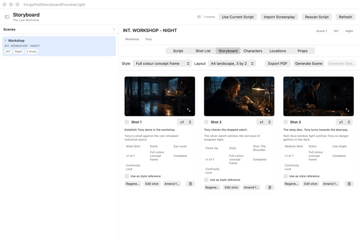 ForgePad Storyboard Beta showing a screenplay scene with three visual storyboard shots