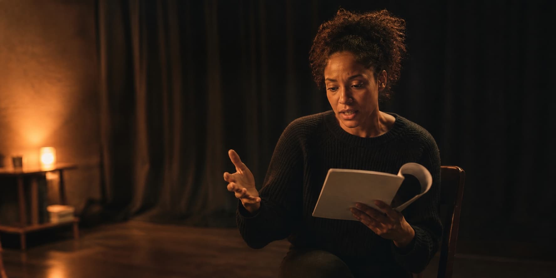 Woman actor rehearsing a dramatic scene