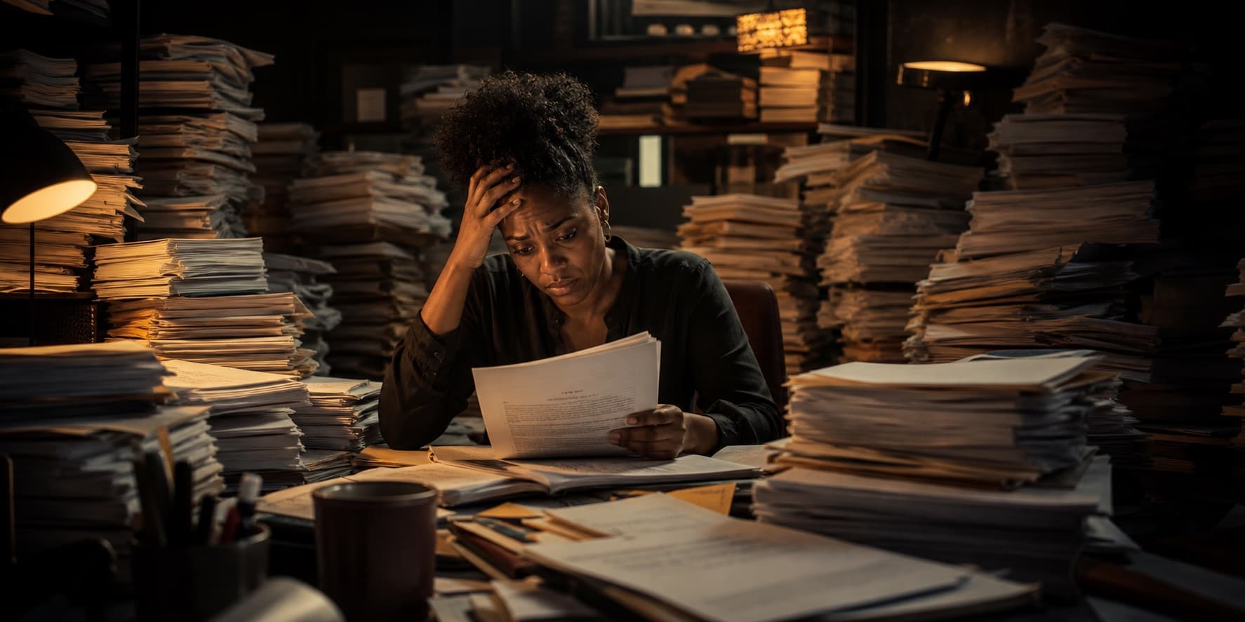 Overwhelmed film producer surrounded by unread screenplays