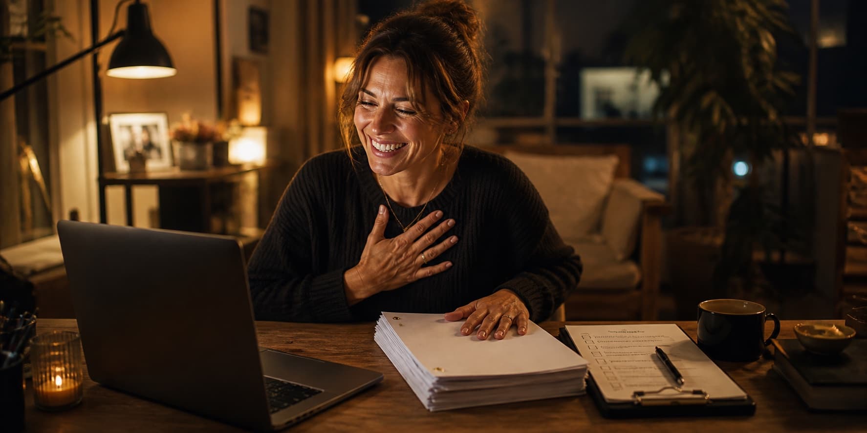 Happy screenwriter relieved to have completed a clear rewrite plan