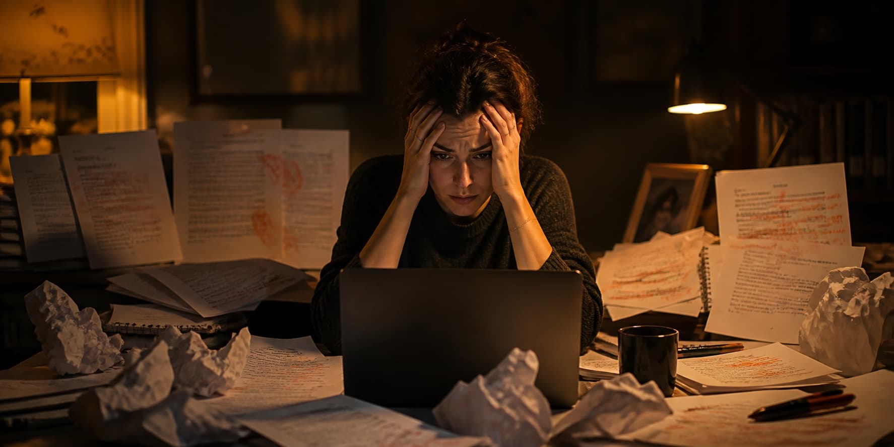 Overwhelmed screenwriter surrounded by marked-up drafts