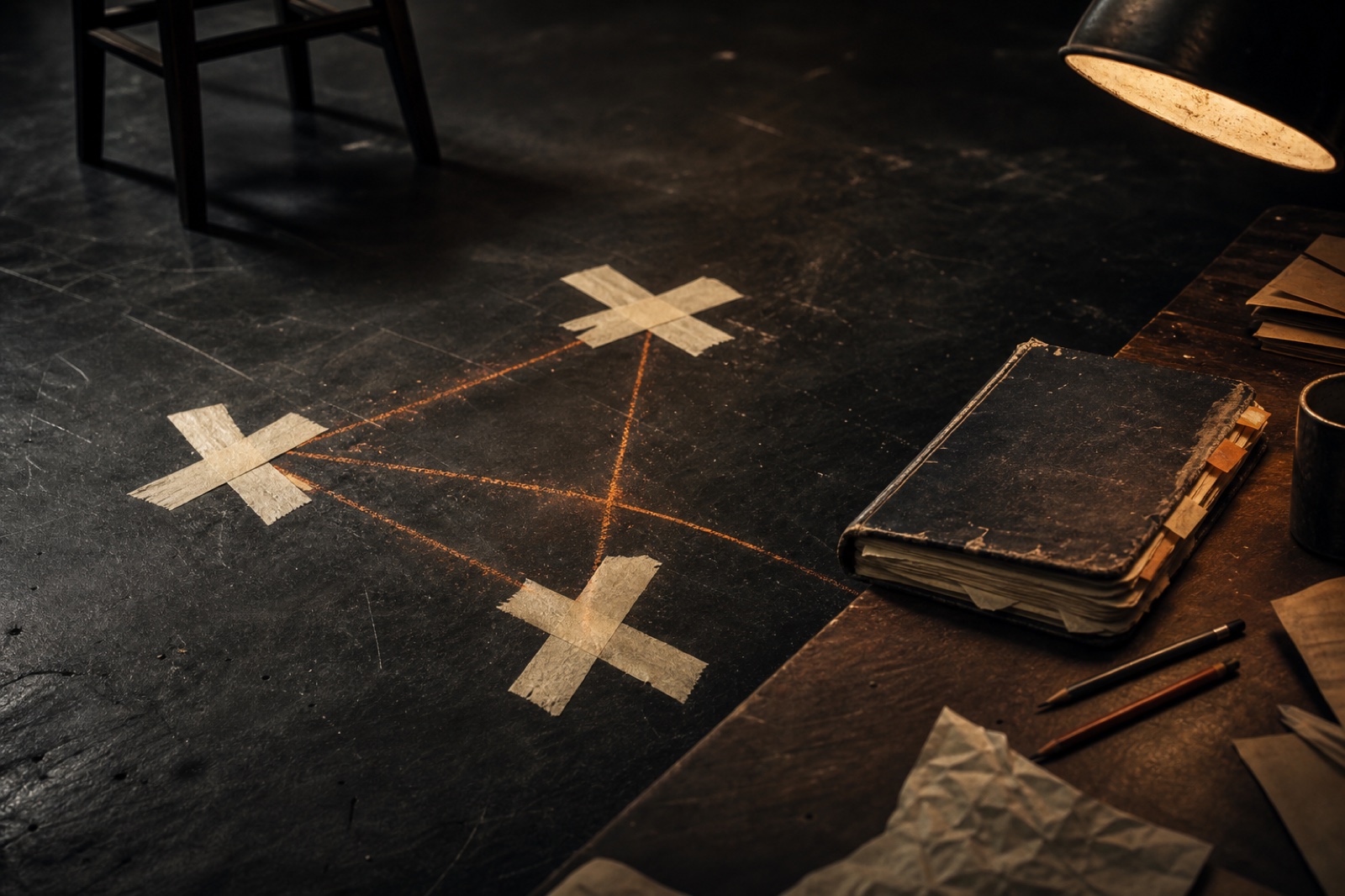 Actor marks and a character notebook on a rehearsal floor