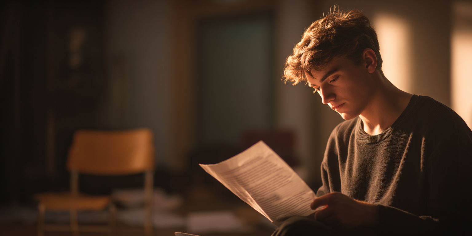 Actor rehearsing with a script in hand